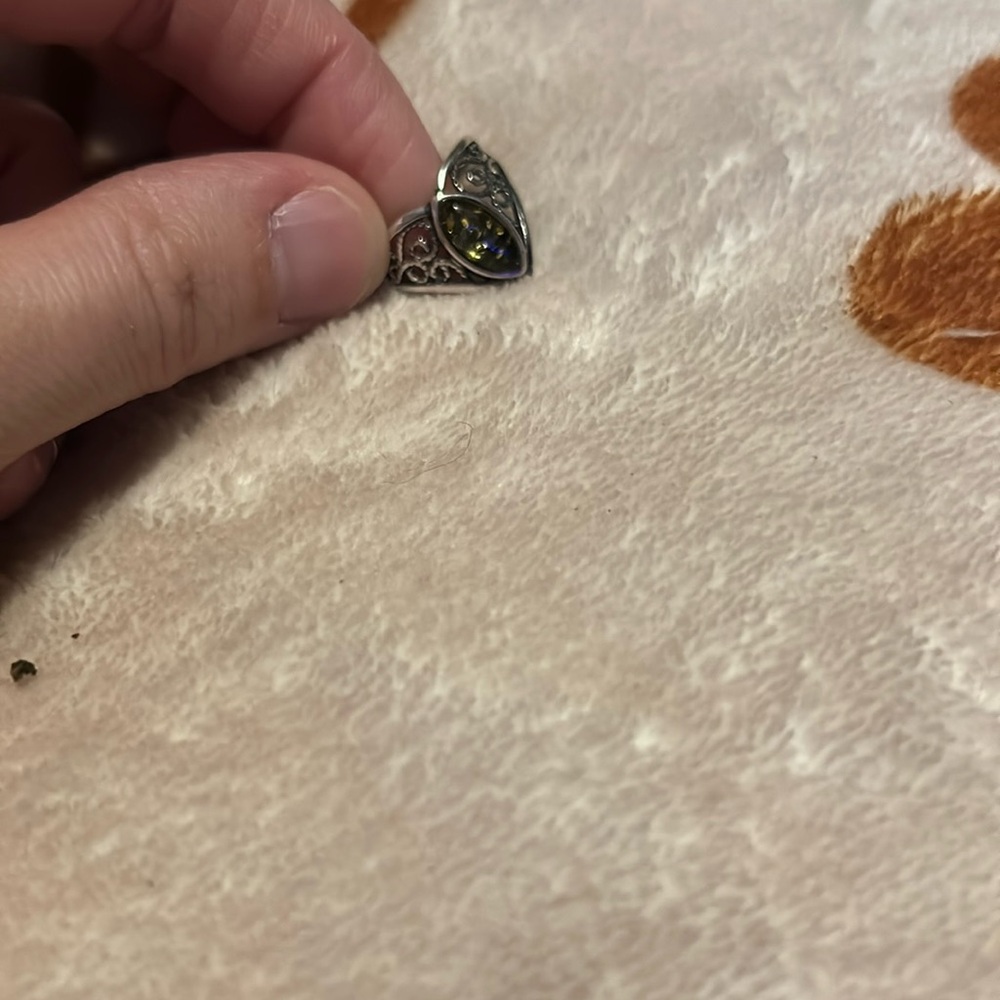Sterling silver green amber chevron ring